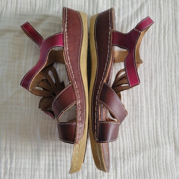 L'Artiste Womens EU 42 US 10 Tooled Leather Sandals Floral Pink Brown Green - Picture 7 of 10